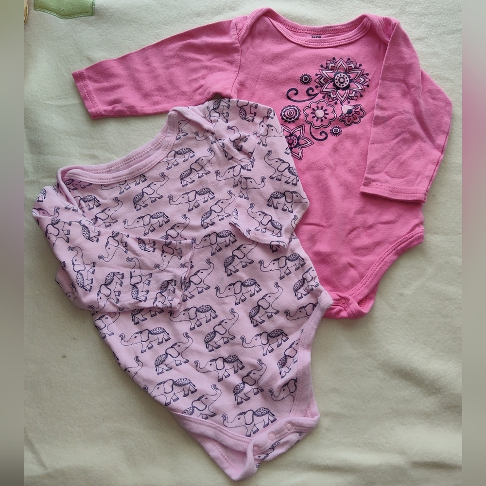 2 Bodysuits Long Sleeves Elephants Floral Pink Size 18 Months
